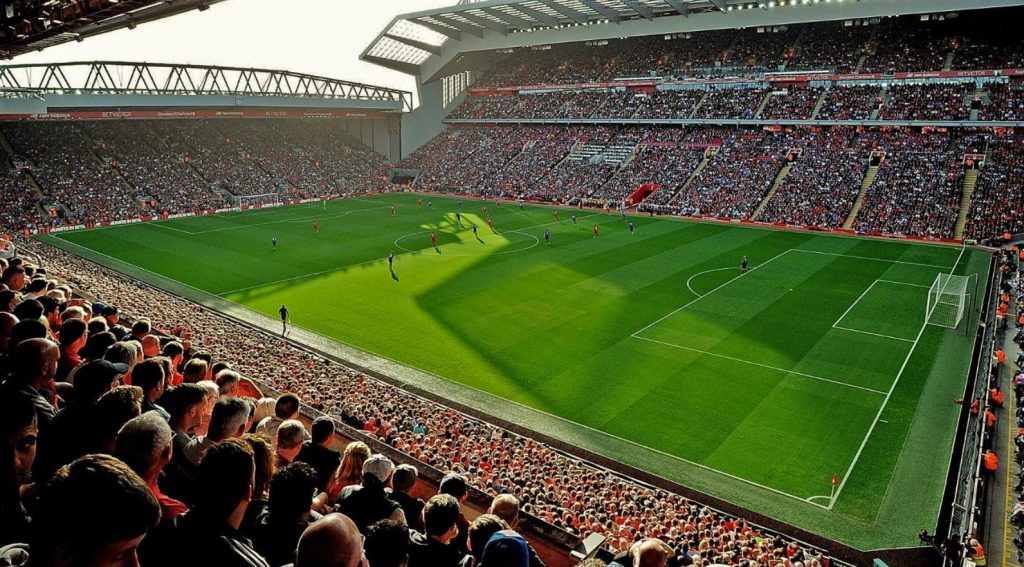 Anfield Stadium with packed stands and vibrant atmosphere